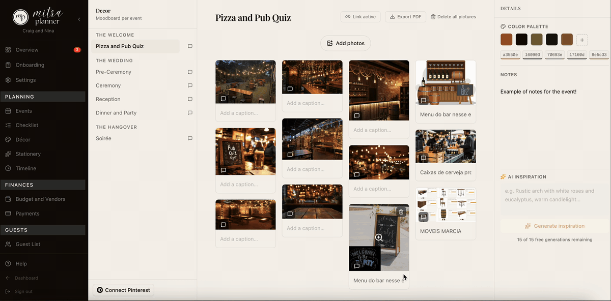Mitra Planner décor — per-event moodboard with photo grid, colour palette, and décor notes