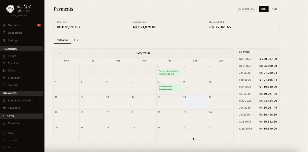 Mitra Planner payment calendar — monthly grid with vendor installments, paid and pending status