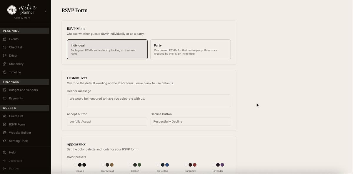 Mitra Planner RSVP form — customisable appearance, per-invite-type links, dietary options and live preview