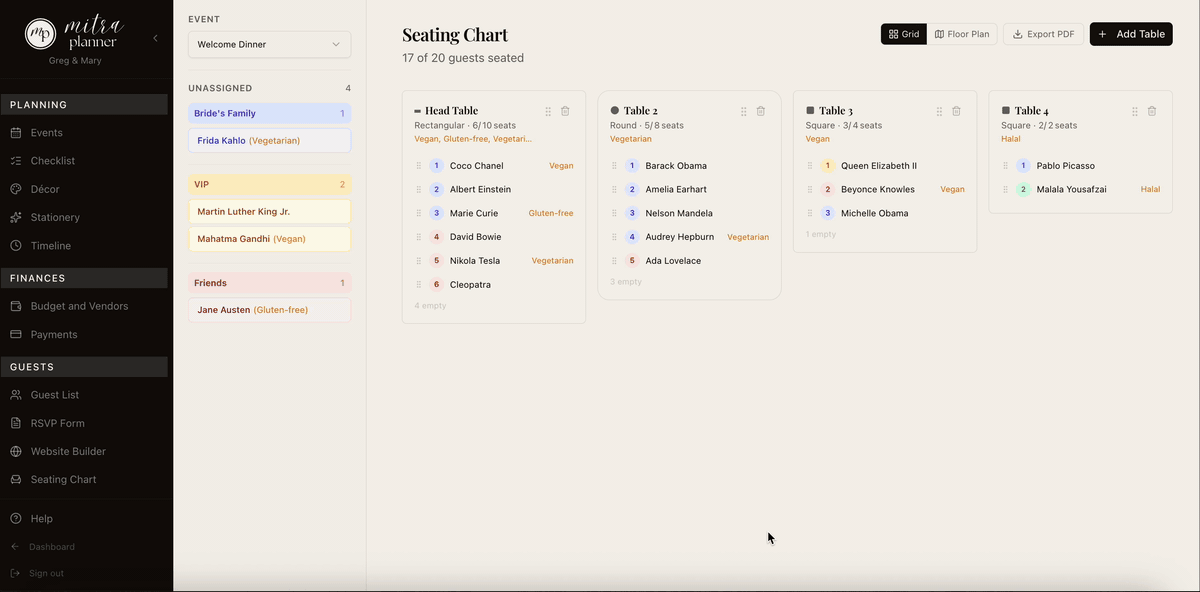 Per-event seating charts