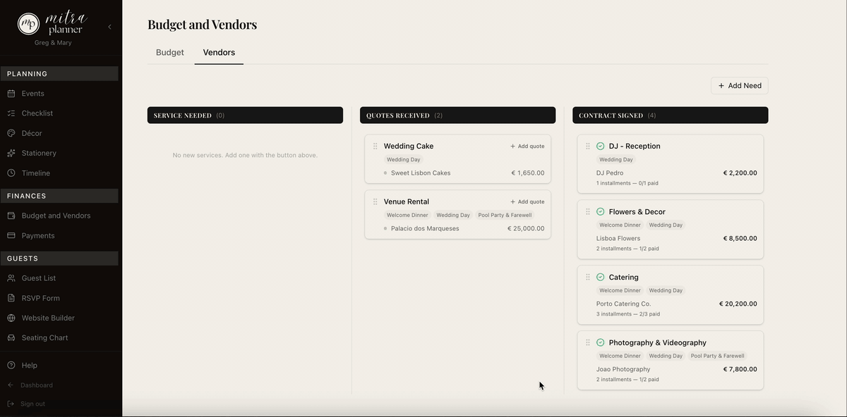 Mitra Planner vendor management — Kanban pipeline with quote, contract, and payment tracking