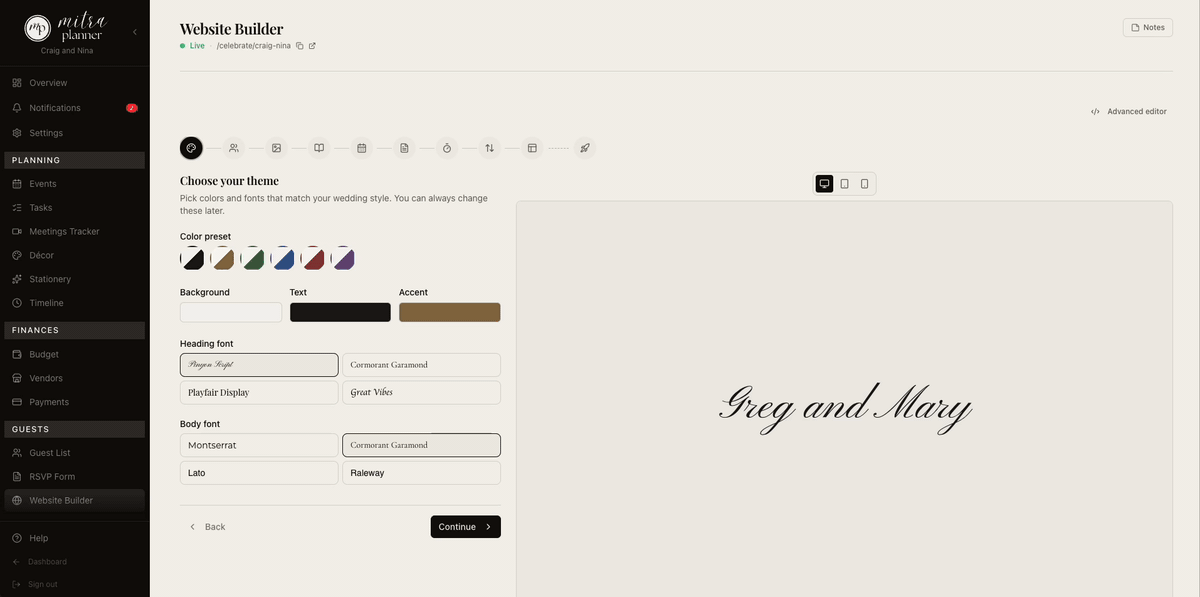 Mitra Planner wedding website builder — WYSIWYG editor with block library, theme settings, and live preview